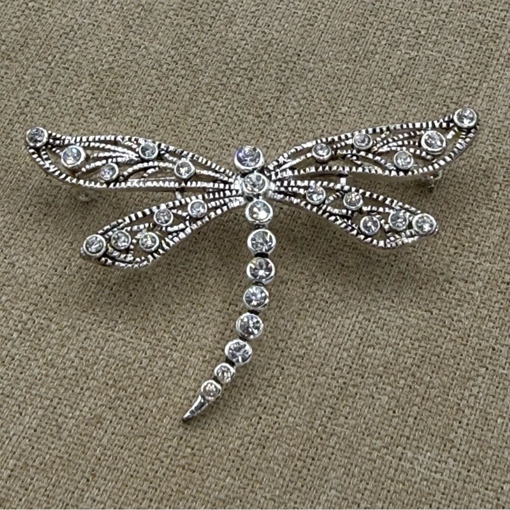 Silver tone Dragonfly Brooch with Rhinestones